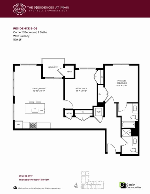 Floor plan for 2 beds, 2 baths, 1179 sqft
